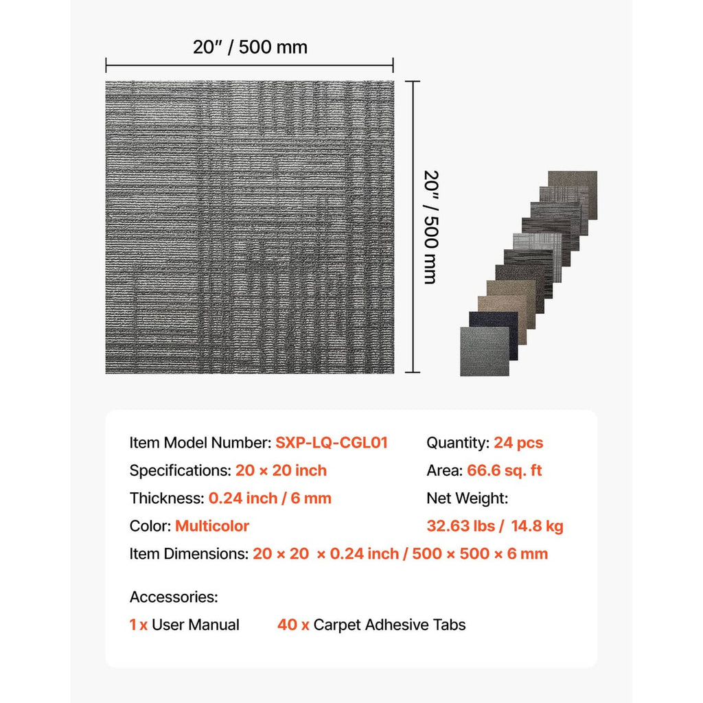 20x20 carpet tile measurement diagram with thickness and quantity details