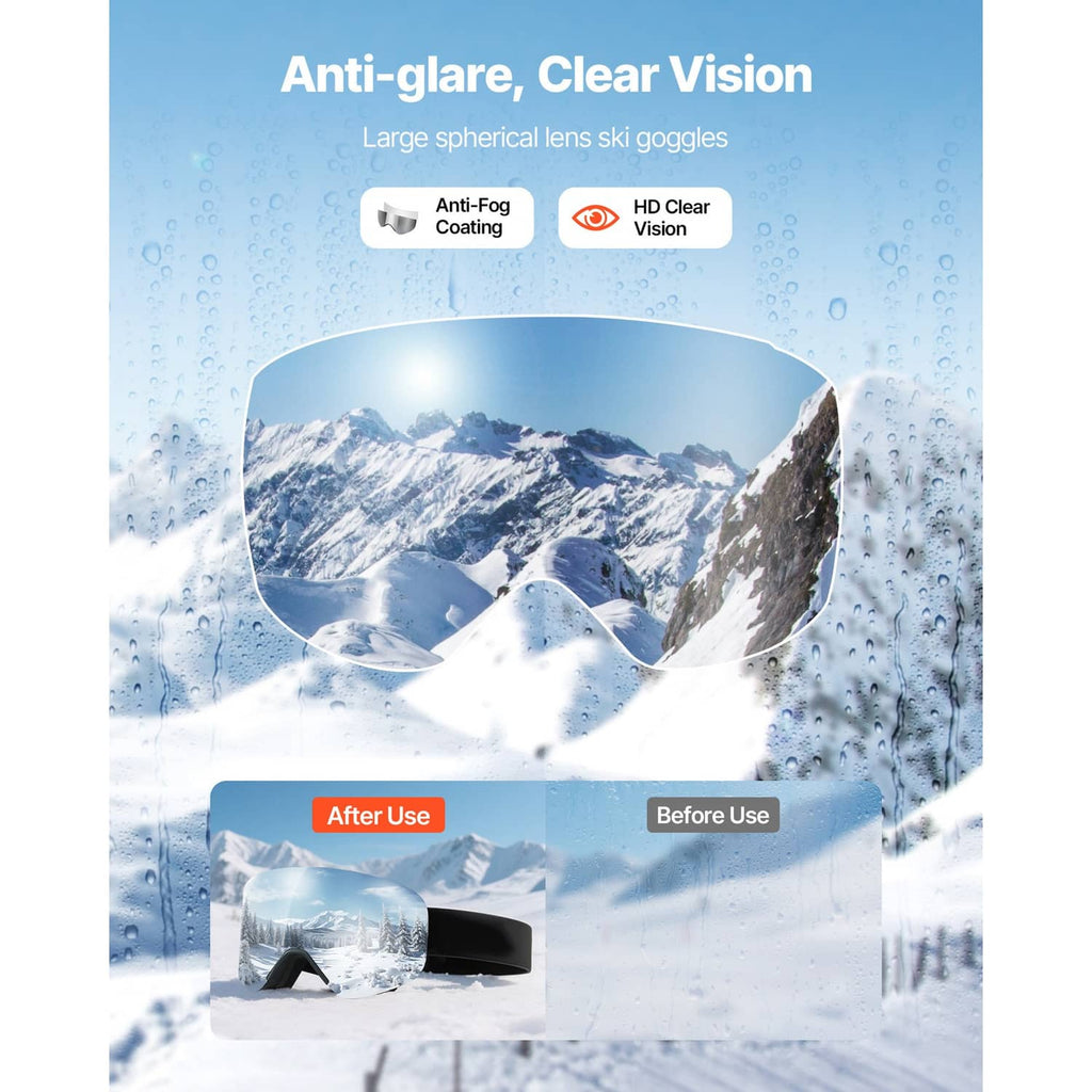 Large silver ski goggles lens for anti-glare clear vision, with black frame.