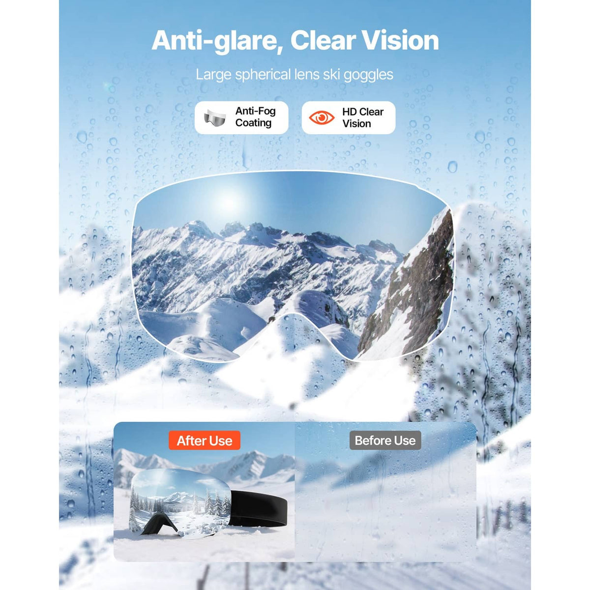 Large silver ski goggles lens for anti-glare clear vision, with black frame.