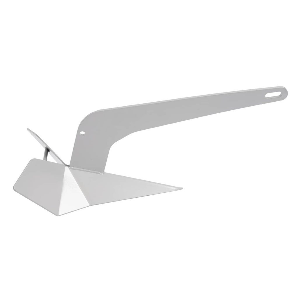 Triangular delta wing boat anchor, gray steel with long shank and fluke blades