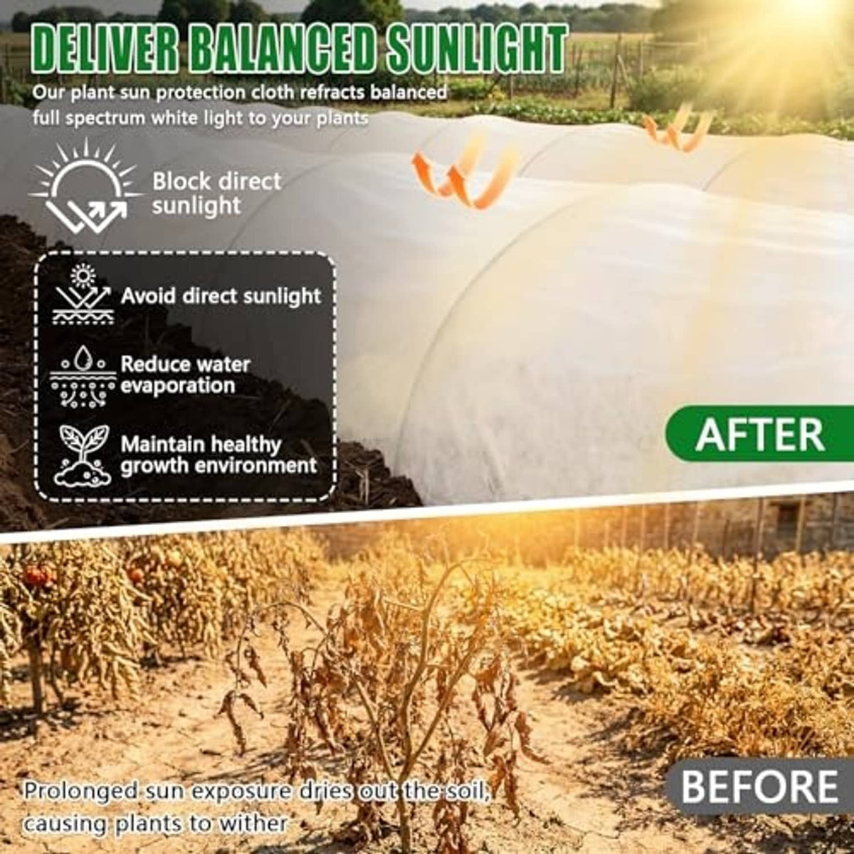 White plant shade cloth covering a garden bed tunnel structure