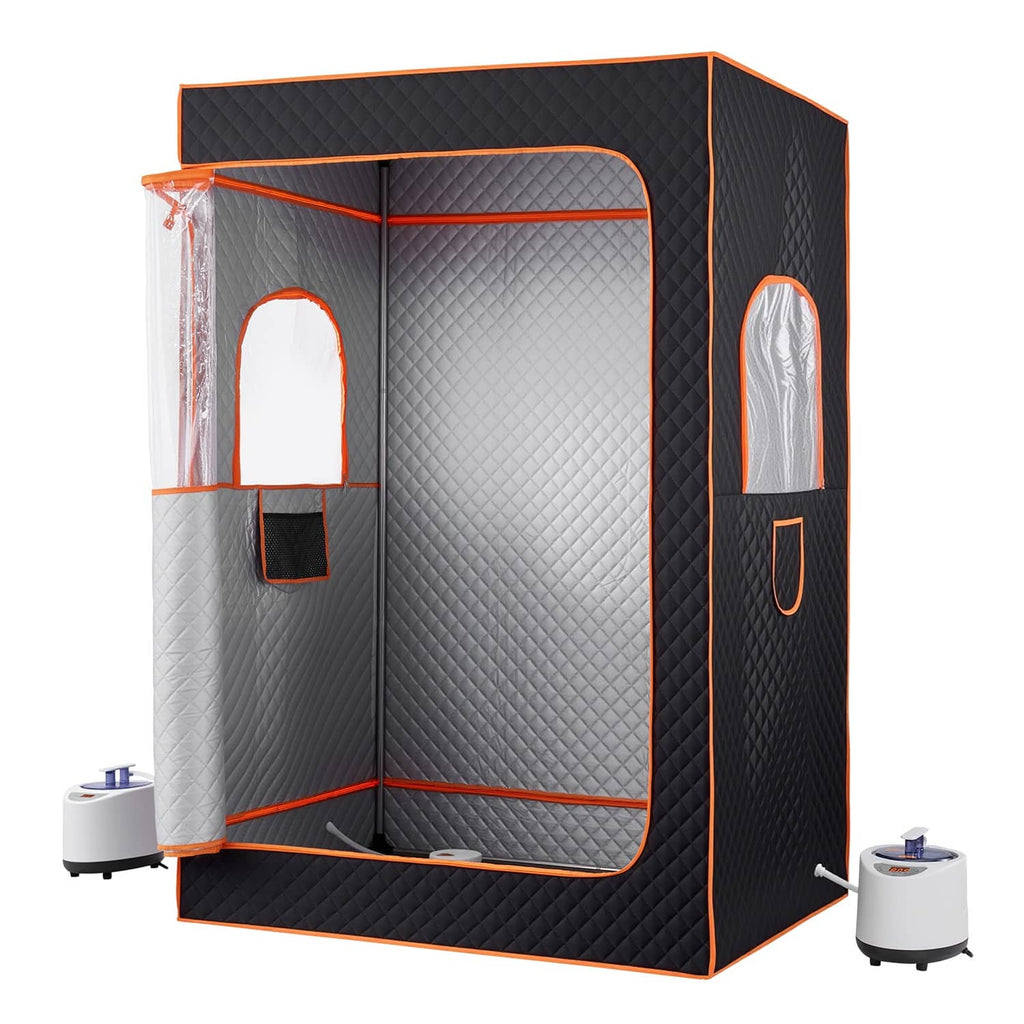 Portable 2-person steam sauna tent with open door, silver interior panels, black fabric