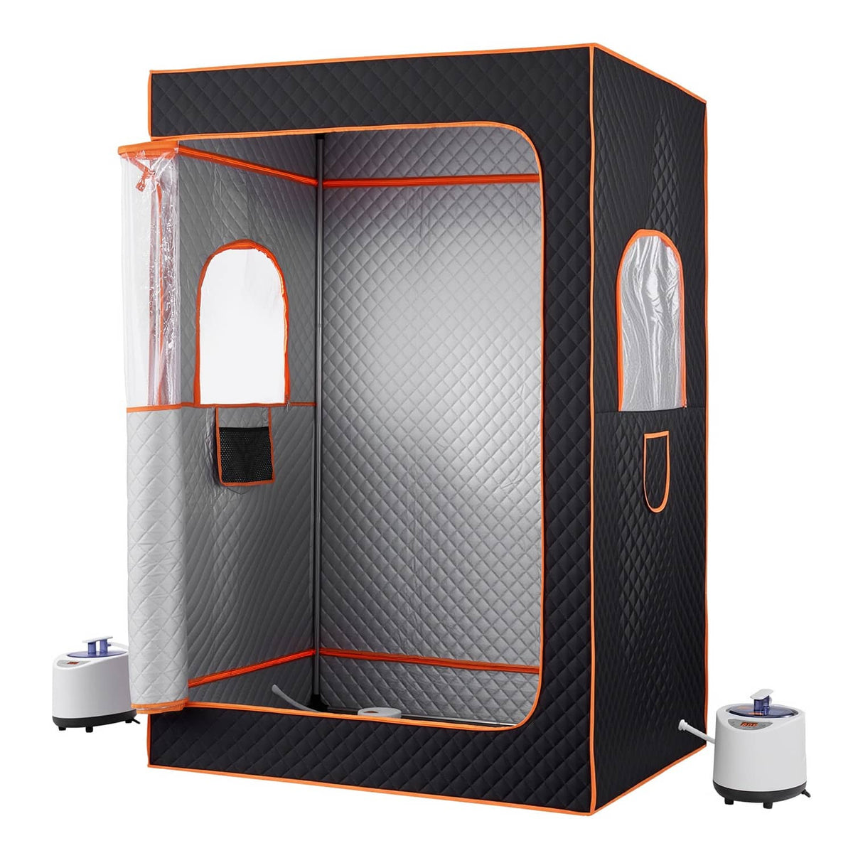 Portable 2-person steam sauna tent with open door, silver interior panels, black fabric