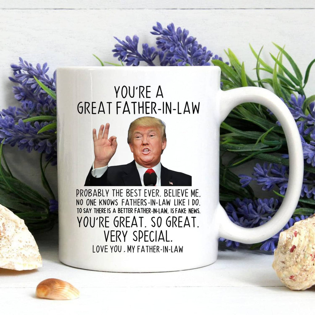 White coffee mug with handle, printed "You're a Great Father-in-Law" message and portrait