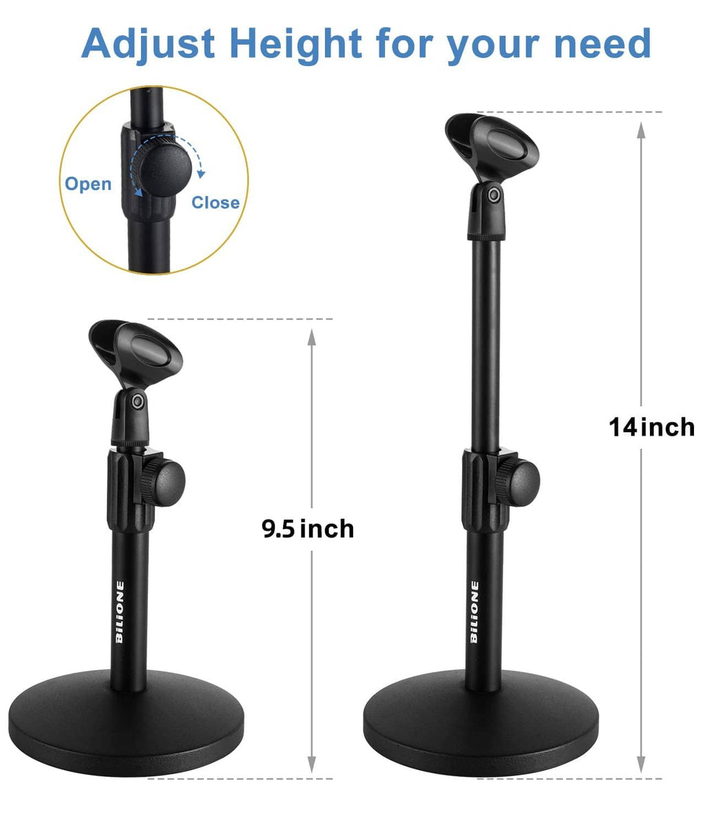 Adjustable-height black desktop microphone stand with round base and swivel holder