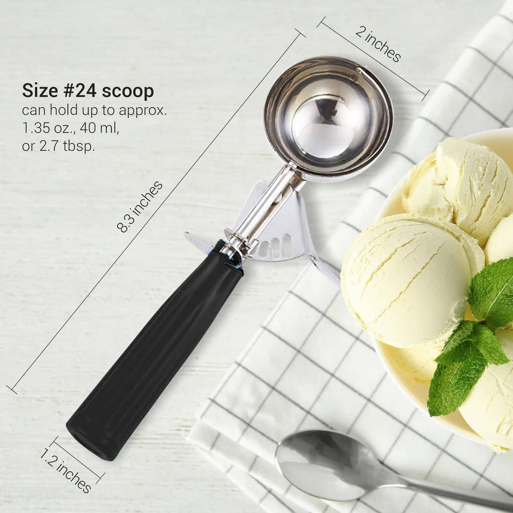 Black trigger scoop with stainless steel bowl near pale green ice cream