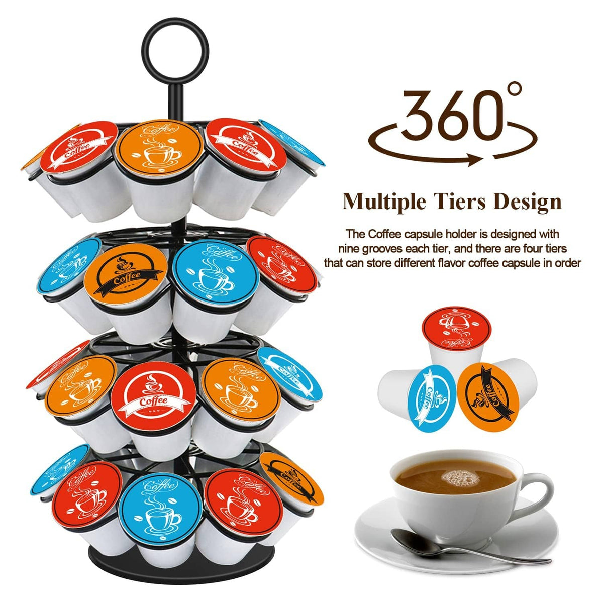 Black coffee capsule carousel holder with multi-tier stand and rotating base; capsules shown