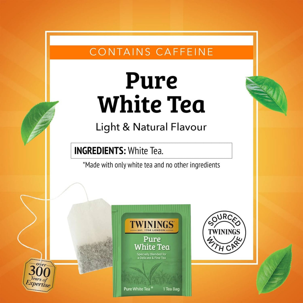 Twinings Pure White Tea carton front with ingredients, caffeine label, and tea bag image