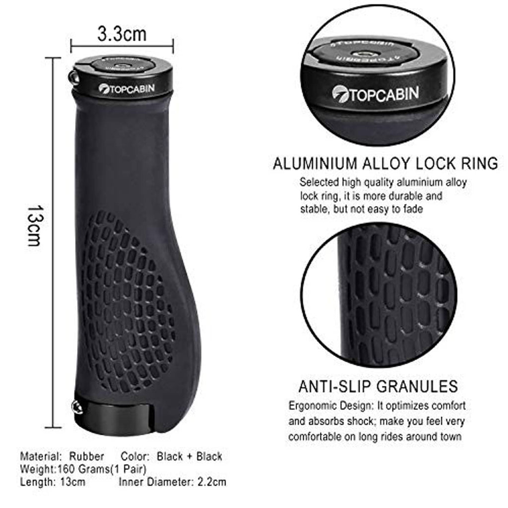 Black ergonomic bike grips with anti-slip texture and aluminum lock ring end caps