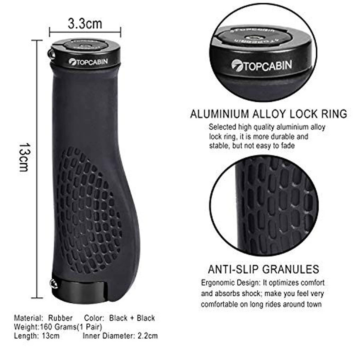 Black ergonomic bike grips with anti-slip texture and aluminum lock ring end caps