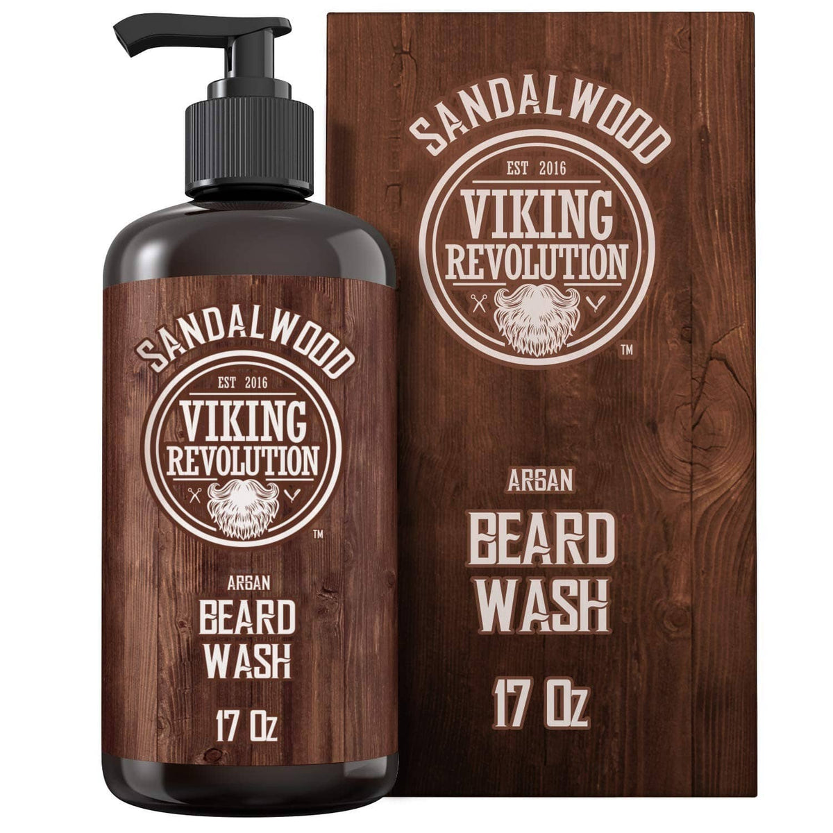 Viking Revolution Argan Beard Wash bottle with pump and Sandalwood label, 17 oz