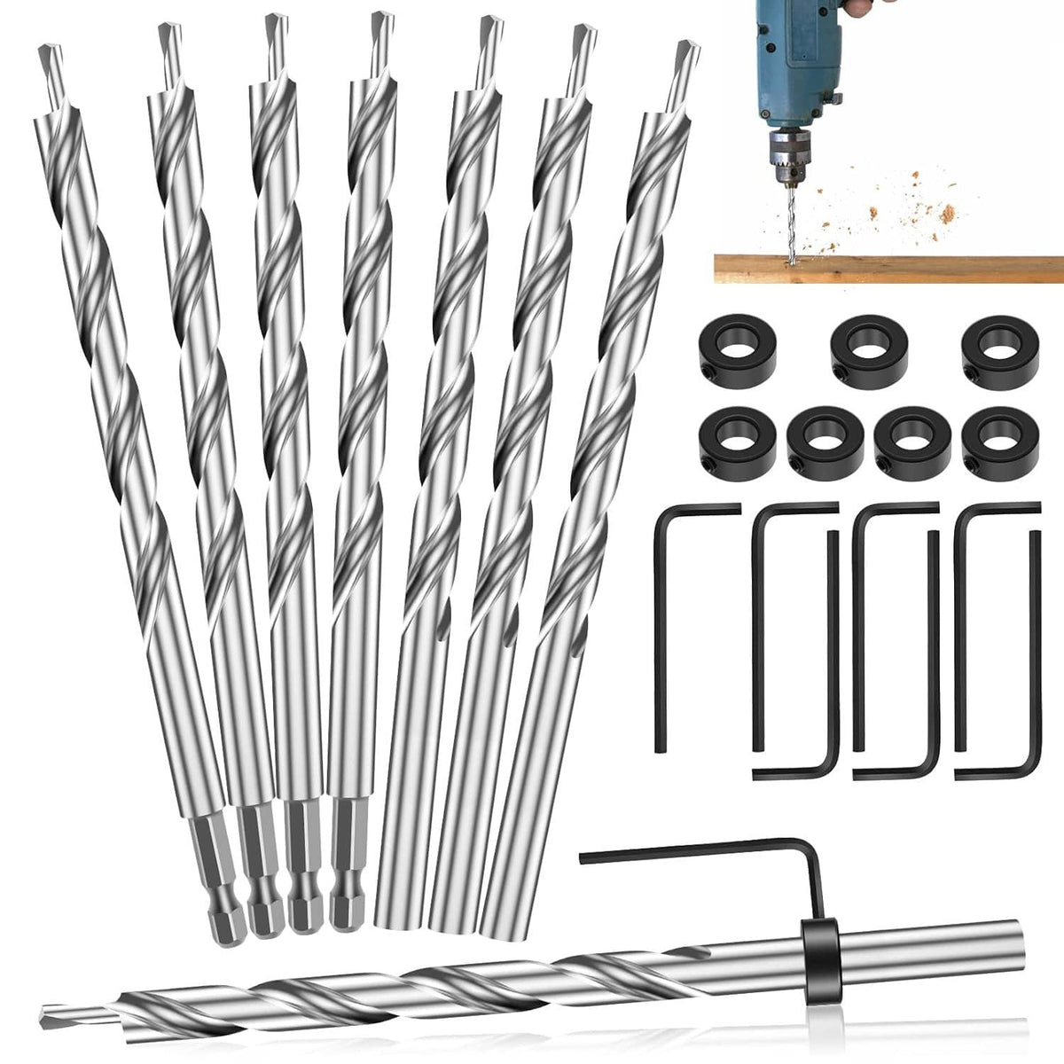 Pocket hole drill bit set with depth stop collars and hex wrenches, multiple bits