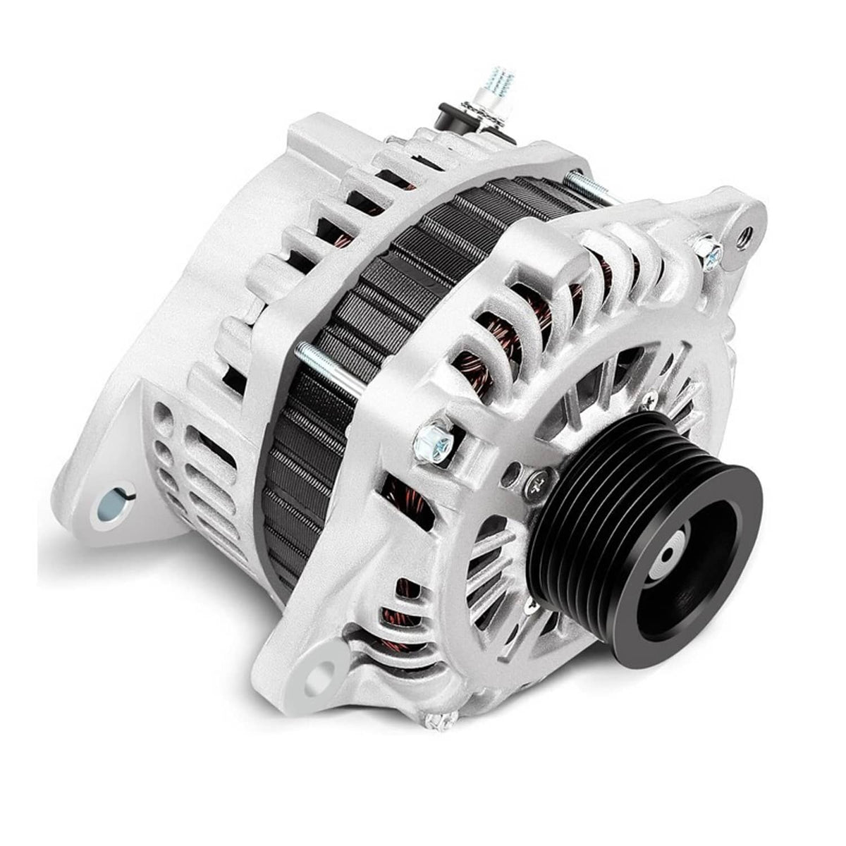 Silver alternator with black pulley, side wire terminal, and mounting bracket holes
