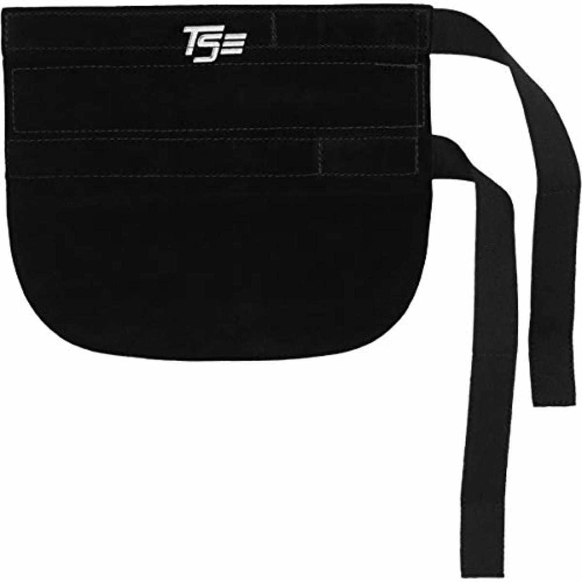 Black leather knee apron bib with TSE logo and side tie straps