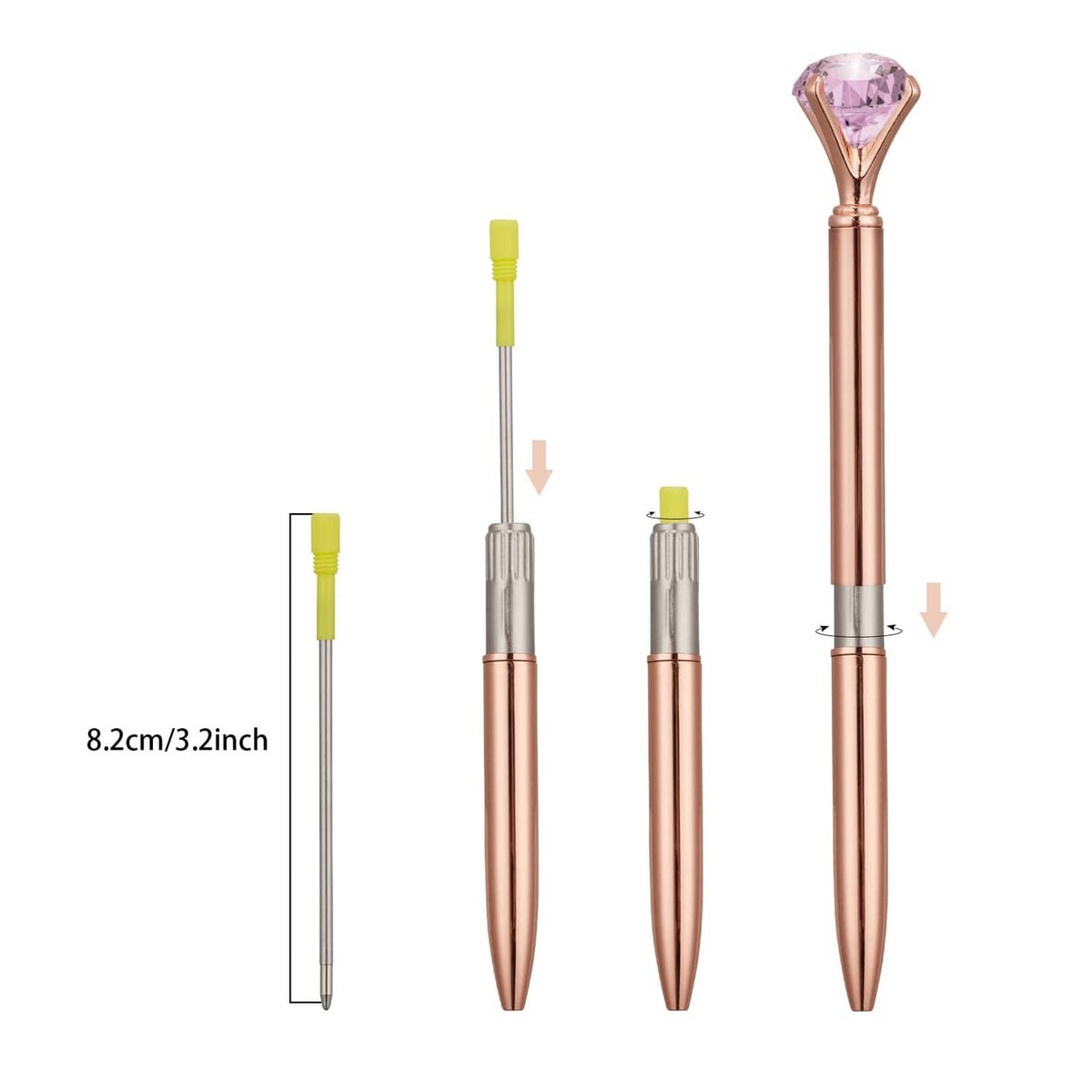 Rose-gold ballpoint pen with yellow cap and refill parts shown