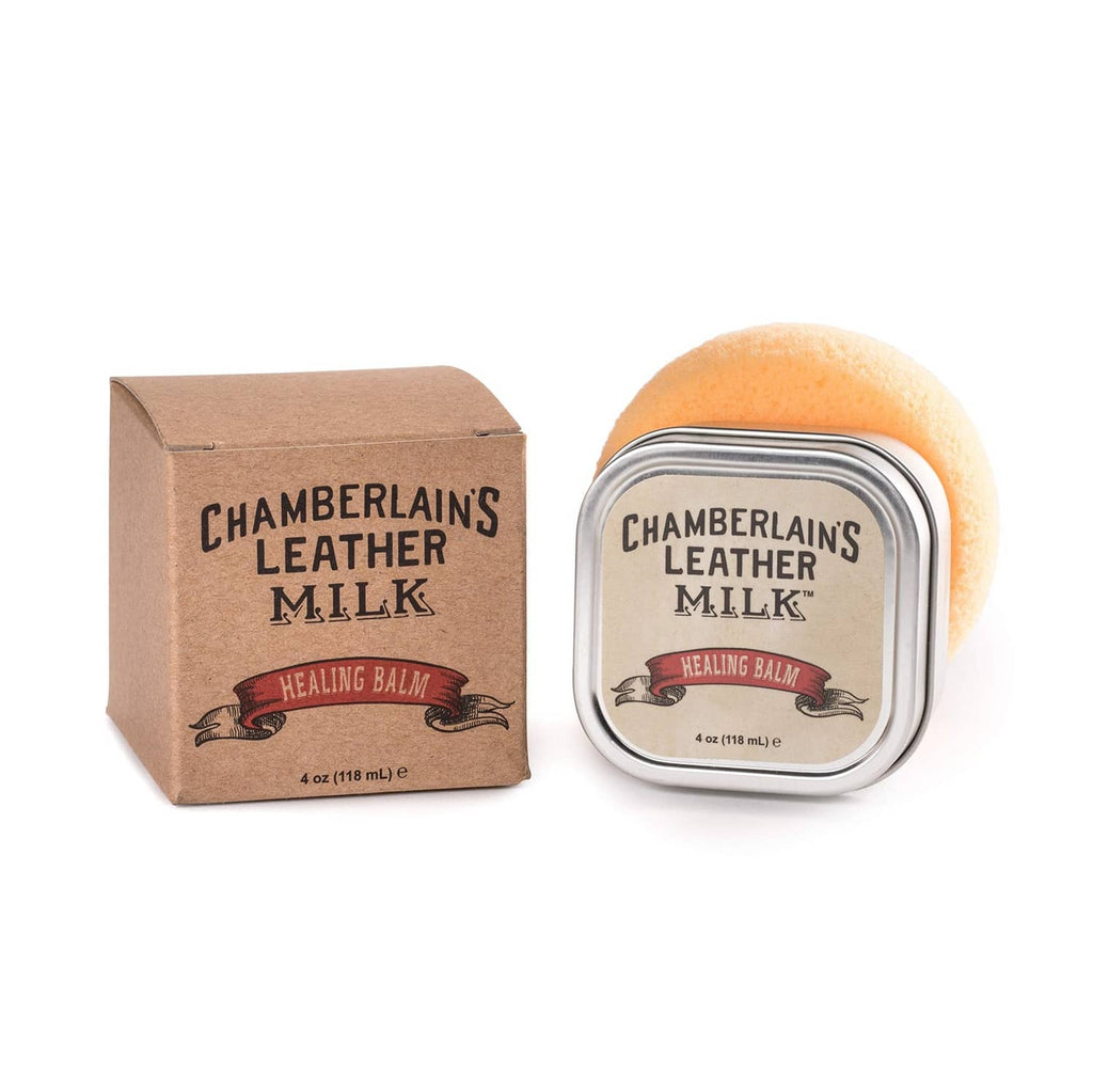 Chamberlain's Leather Milk leather balm with sponge, metal tin, and cardboard box