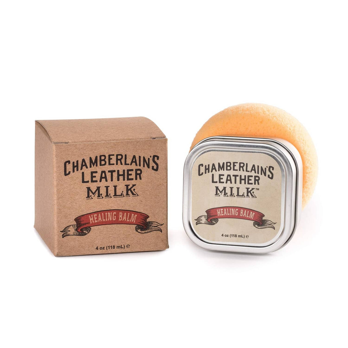 Chamberlain's Leather Milk leather balm with sponge, metal tin, and cardboard box