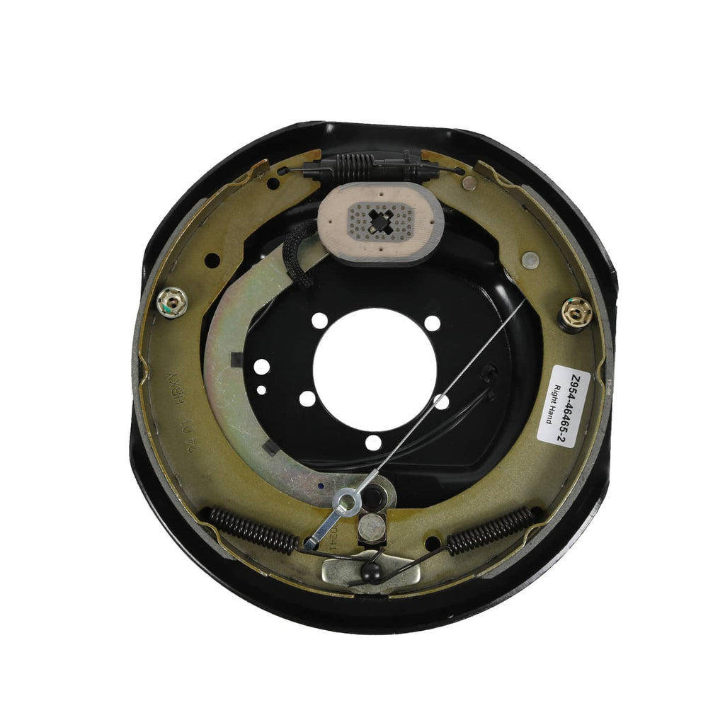 Electric trailer brake assembly with actuator cover on black and gold backing plate