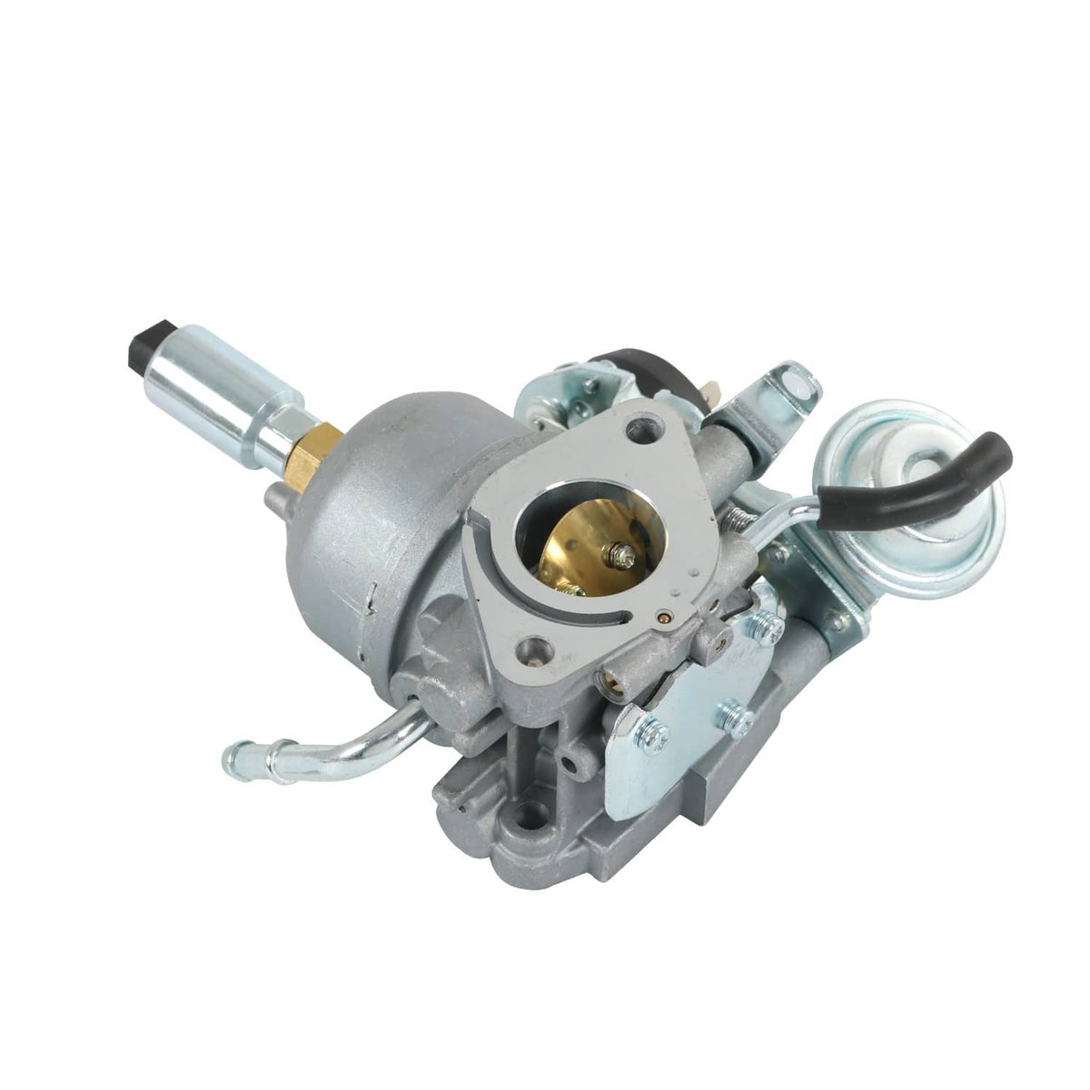 Carburetor body with brass inlet fitting and attached metal linkage