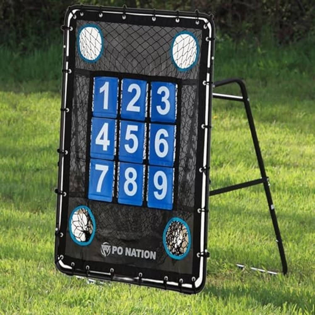 Baseball pitching net with blue numbered 1–9 strike zone target and side frame stand