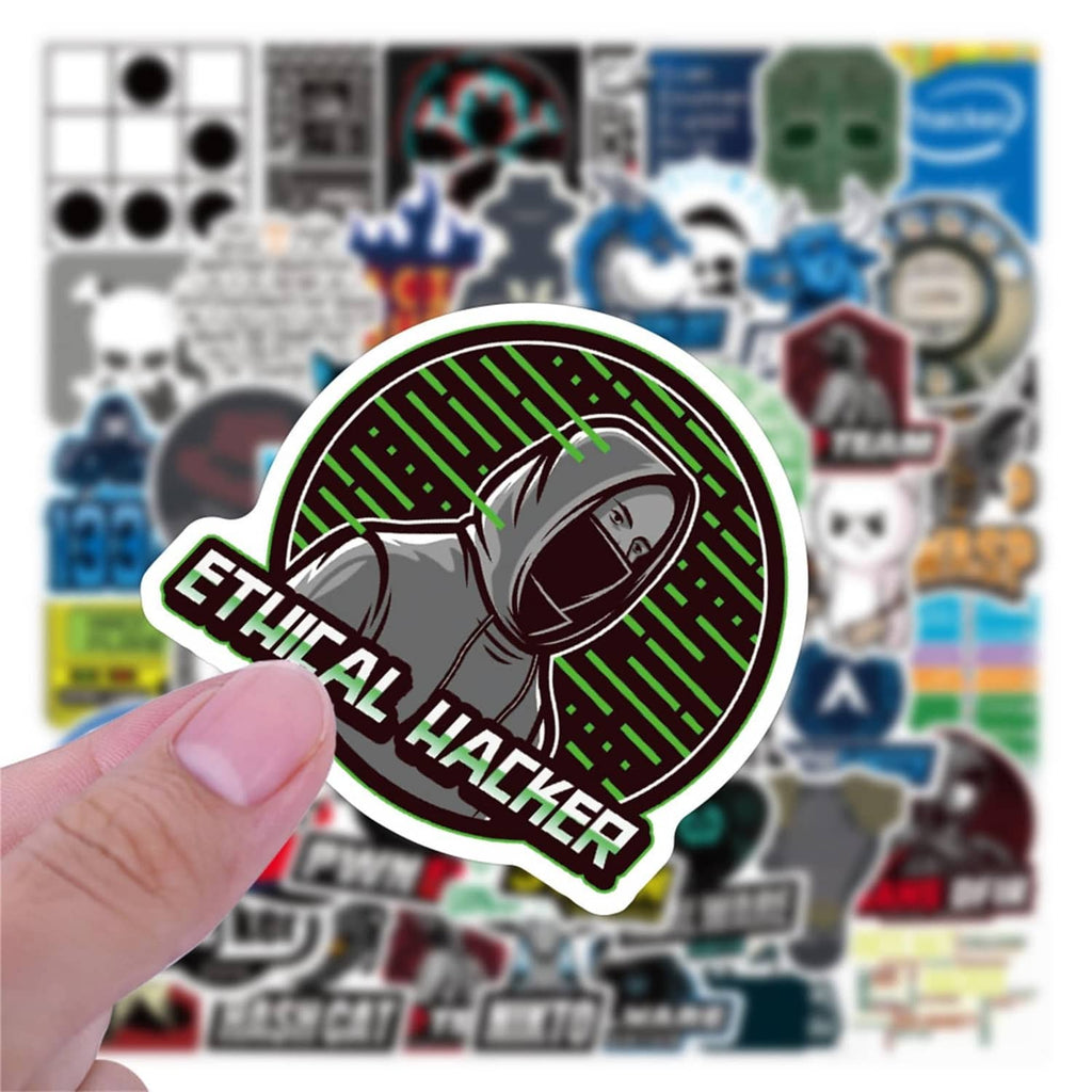 Round hacker sticker with green circuit pattern, mouse icon, and ethical hacker text