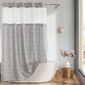 Grey and white farmhouse shower curtain with stitched grid pattern