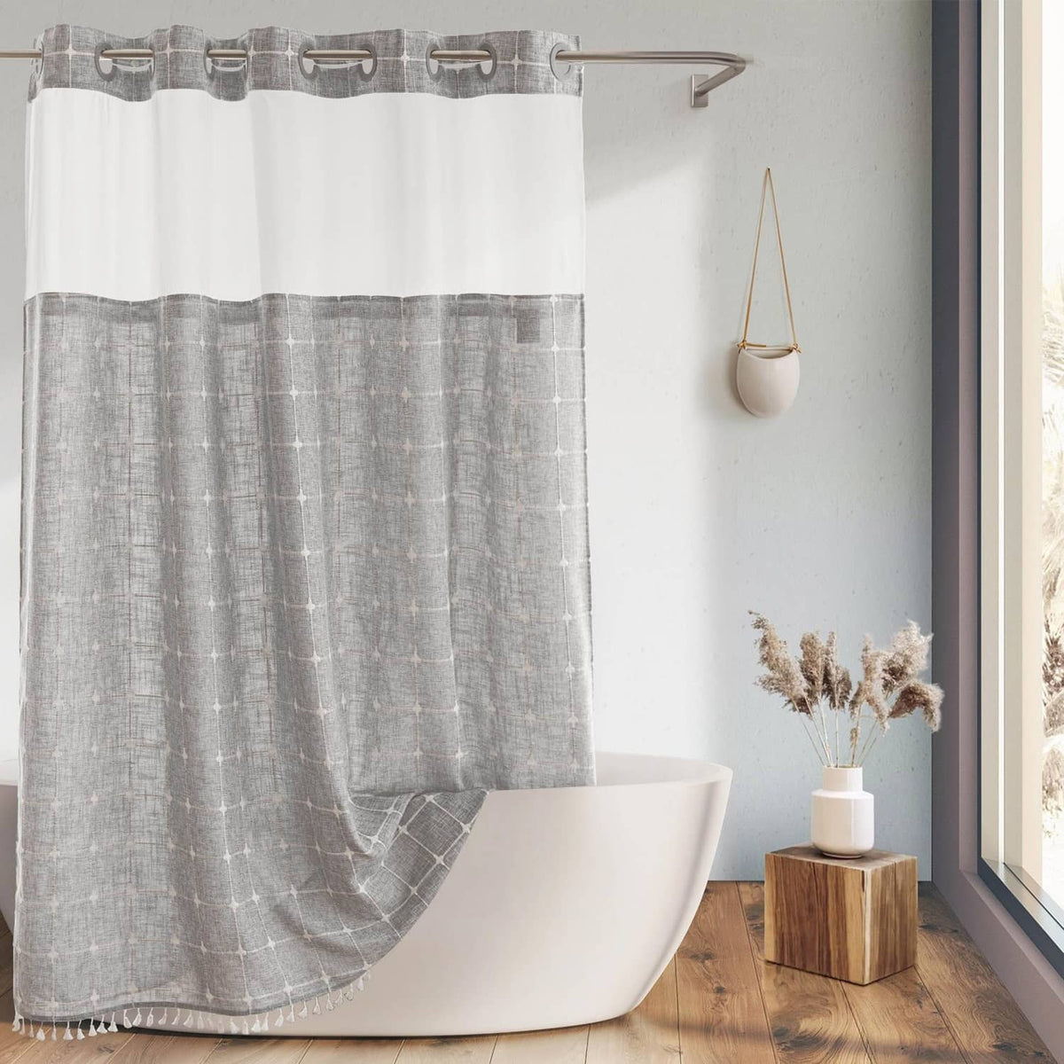 Grey and white farmhouse shower curtain with stitched grid pattern
