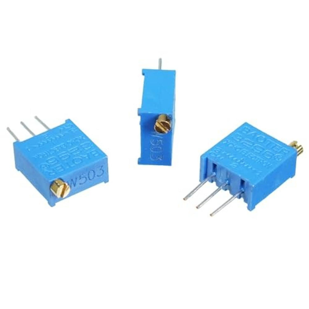 Blue trimmer potentiometer pair with three metal pins and gold adjustment screw