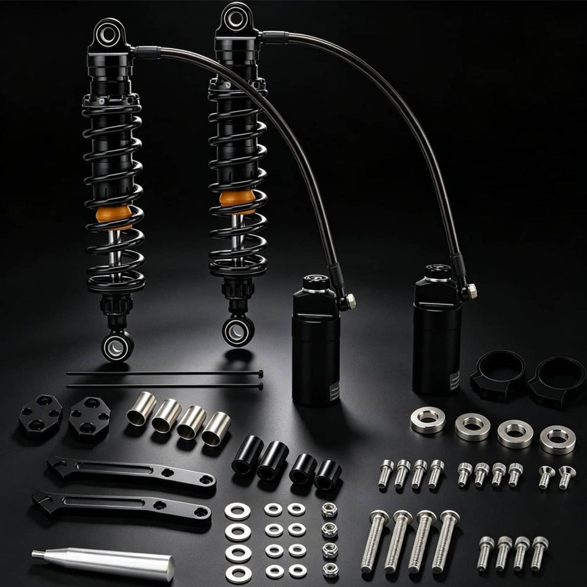 Rear suspension shock set with remote reservoirs, hoses, and assorted bolts and washers