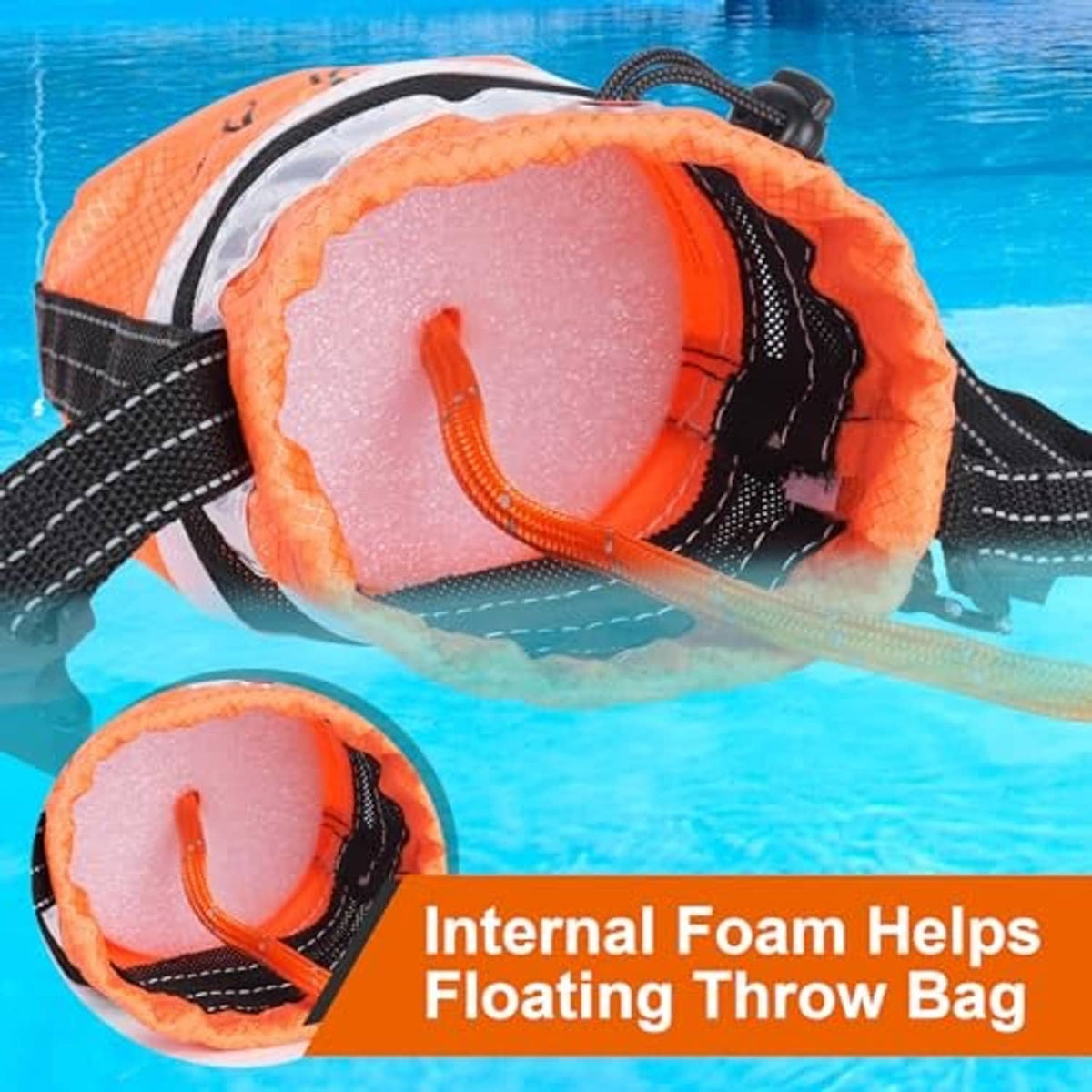 Orange floating water rescue throw bag open to show internal foam and black webbing straps