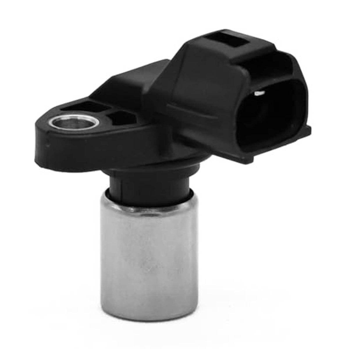 Camshaft position sensor with black connector plug and front mounting hole, silver base.