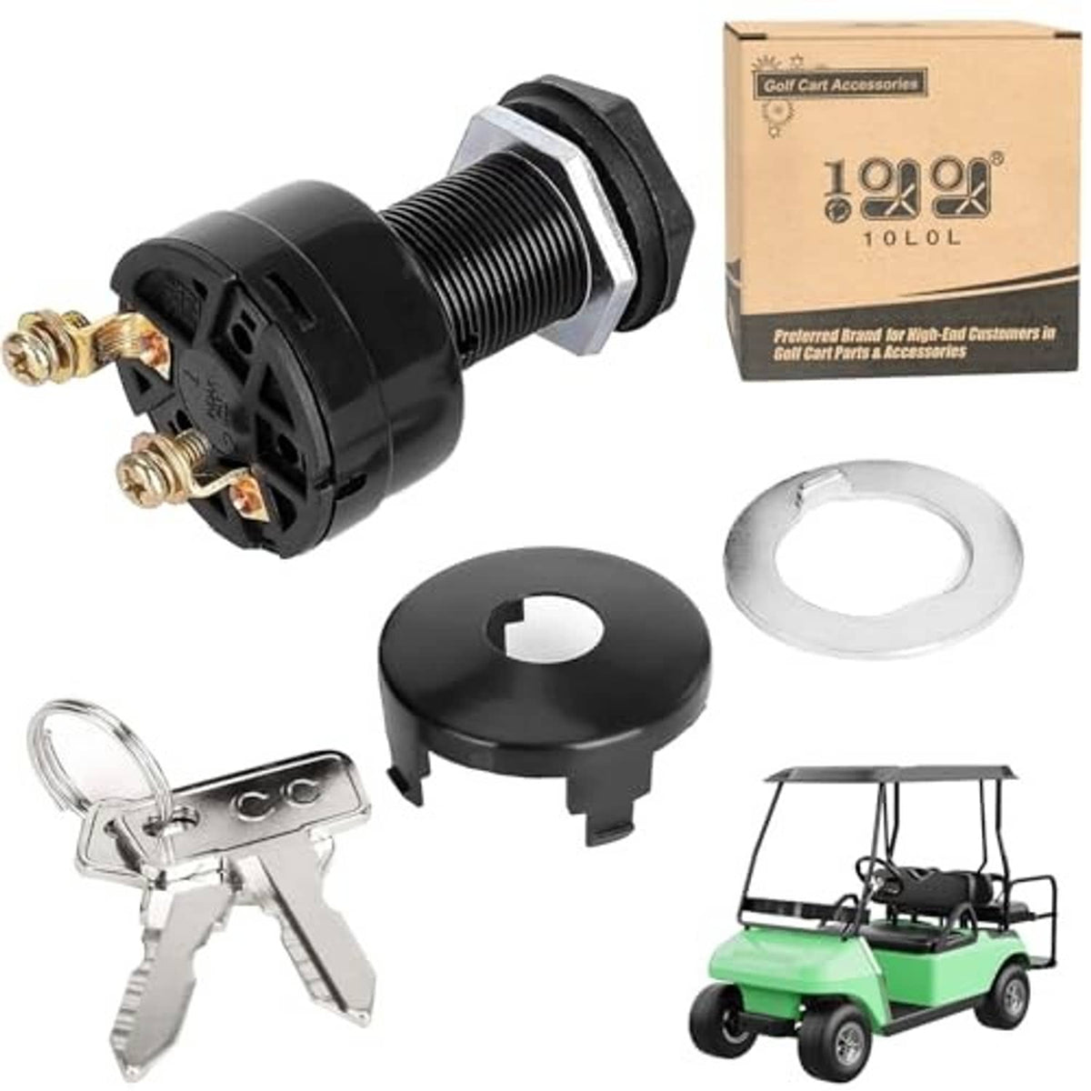 Starter ignition key switch set with keys, black housing, and mounting ring