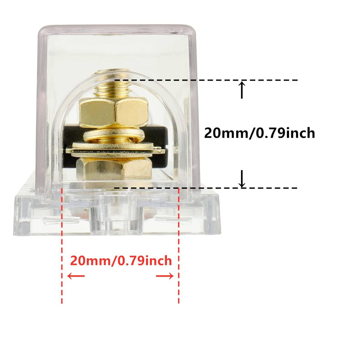 ANL fuse holder with internal gold fuse blocks and diagram size markings