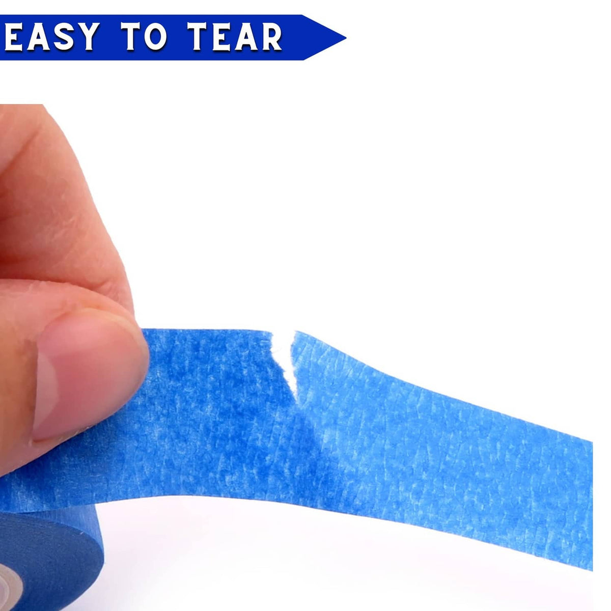 Blue painter's tape strip pressed by fingers for precise masking along a line.