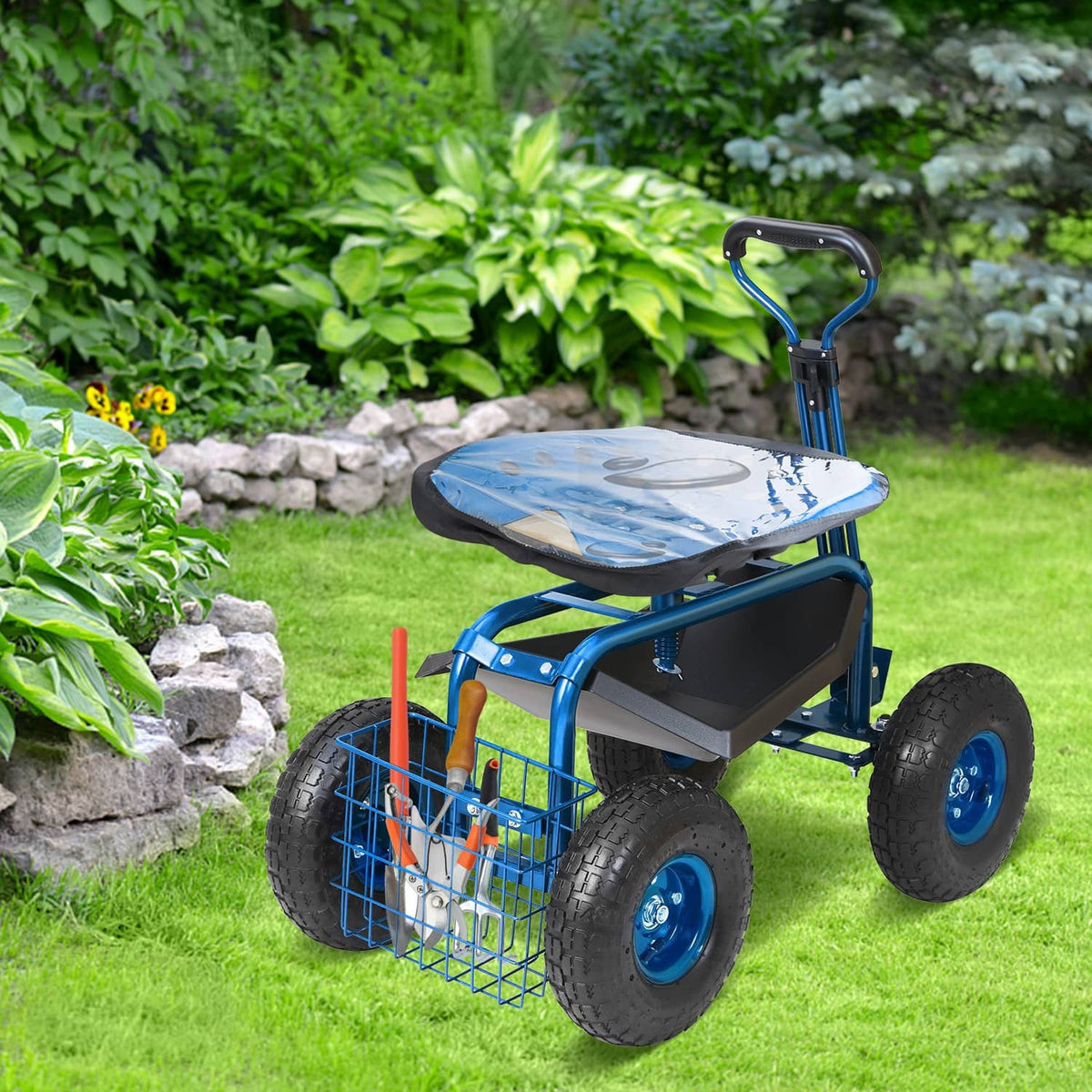 Blue garden cart with perforated seat, front storage basket, and four rugged wheels