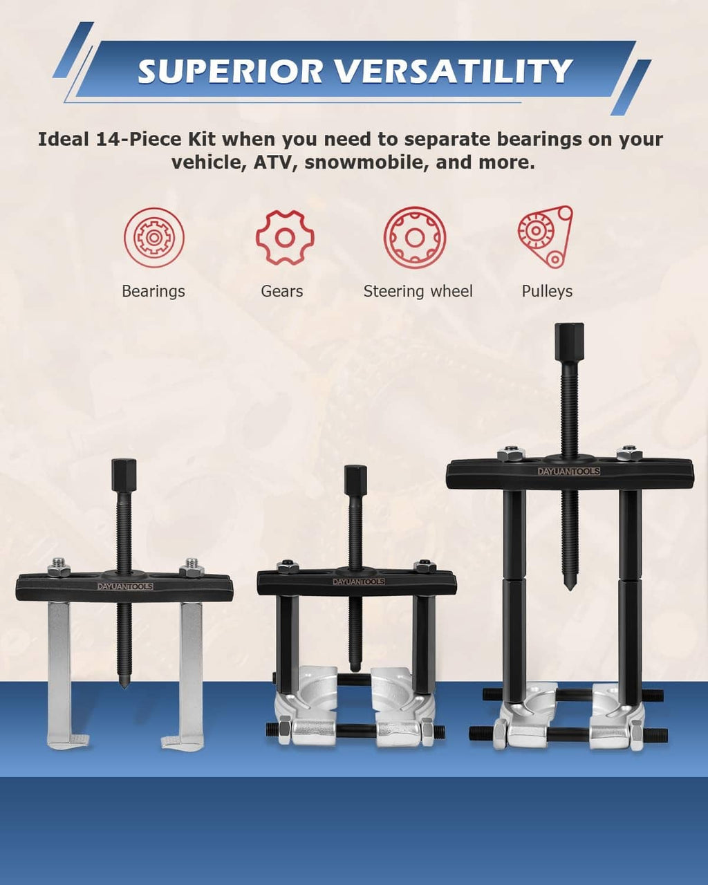 Three bearing separator puller assemblies with black posts, clamps, and split jaws
