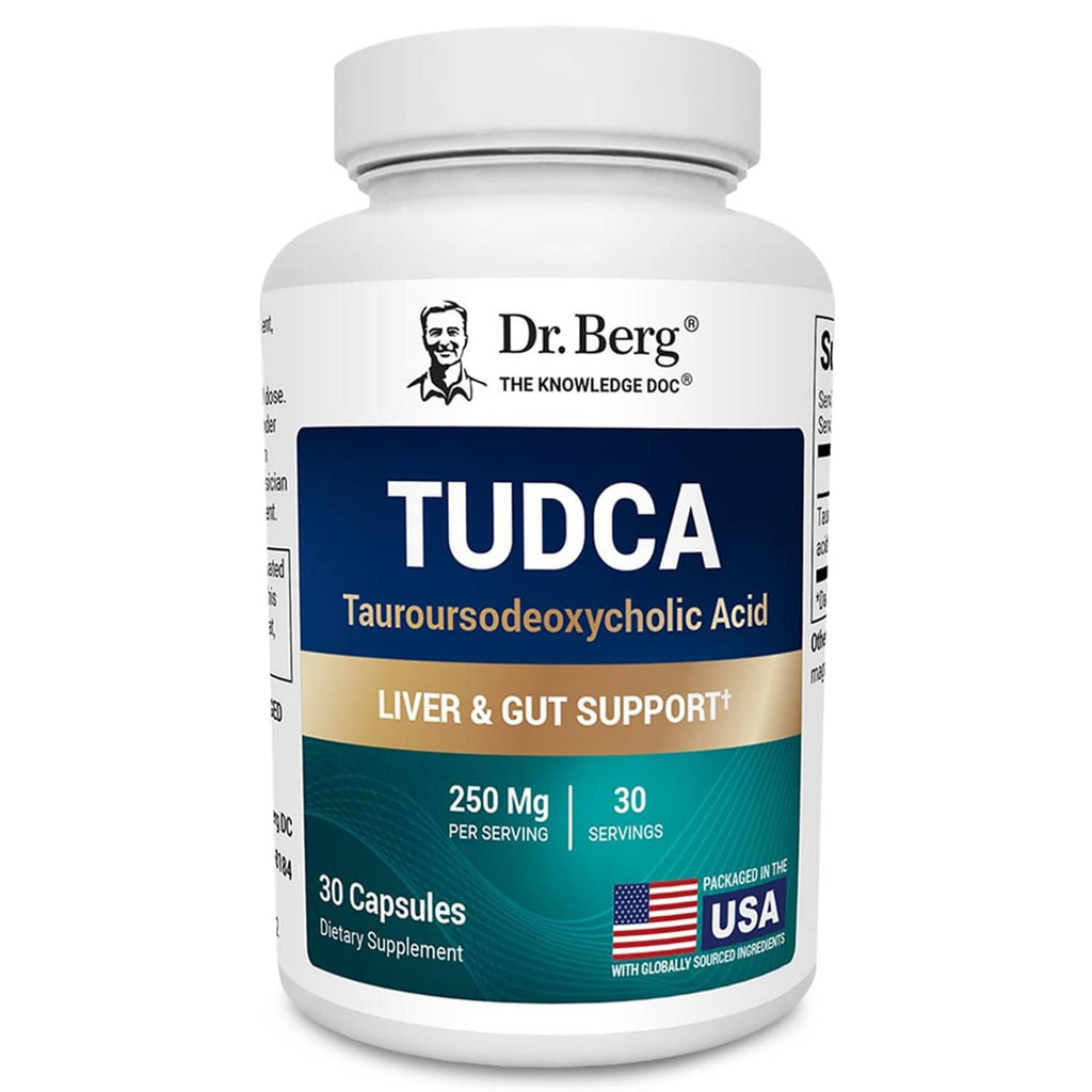 Dr. Berg TUDCA supplement bottle, 250 mg tauroursodeoxycholic acid, 30 capsules