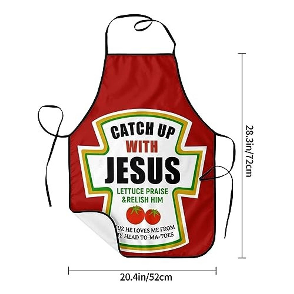 Red apron with Catch Up With Jesus logo; includes measurement and black side ties.