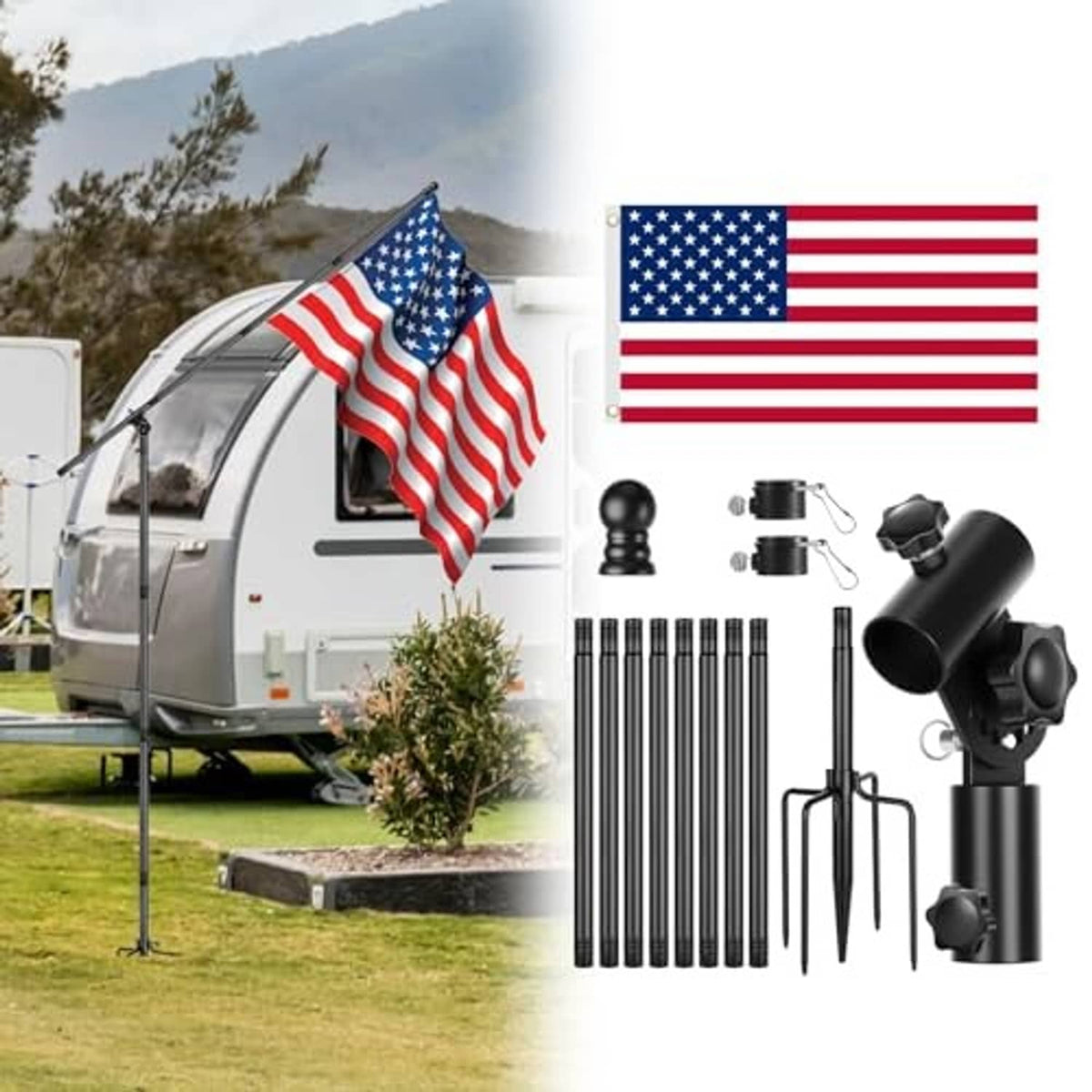 Portable flag pole kit with black pole parts and US flag beside a camper