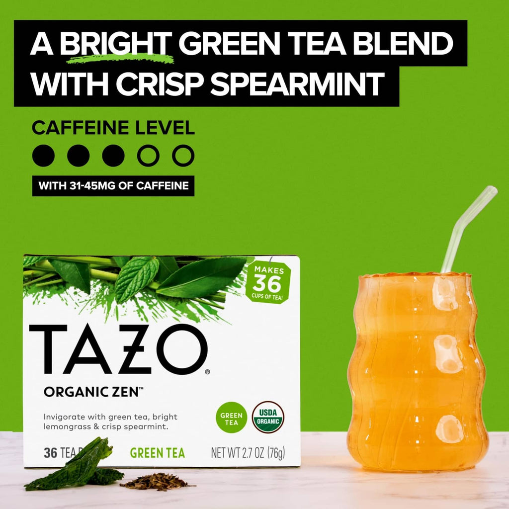 TAZO Organic Zen green tea box with glass iced tea and spearmint accents