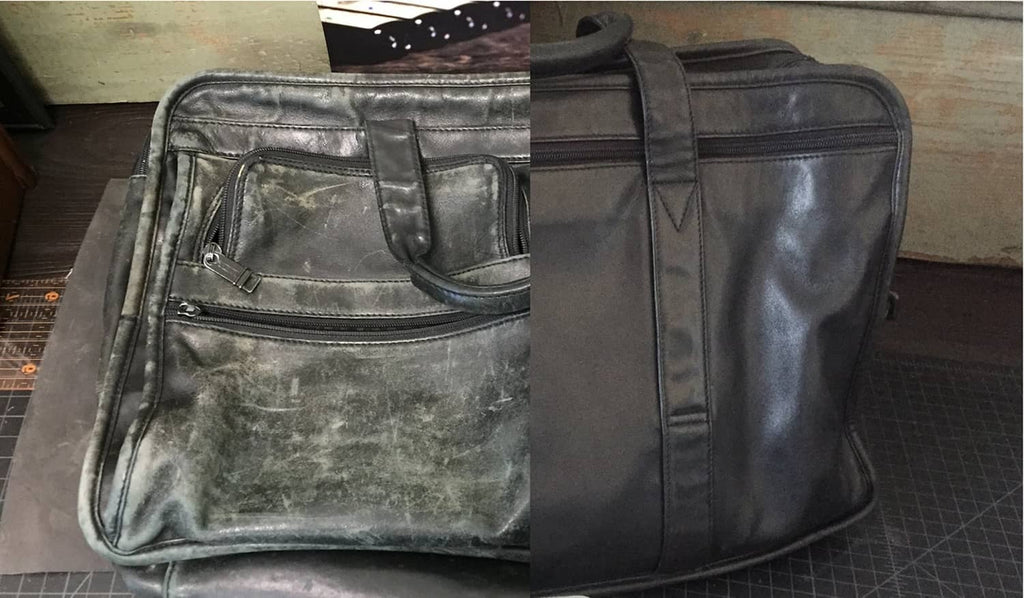 Black leather bag with front pocket detail shown in split view