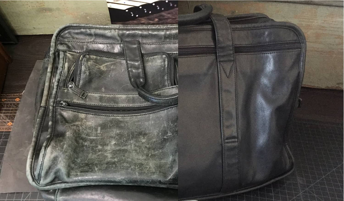 Black leather bag with front pocket detail shown in split view