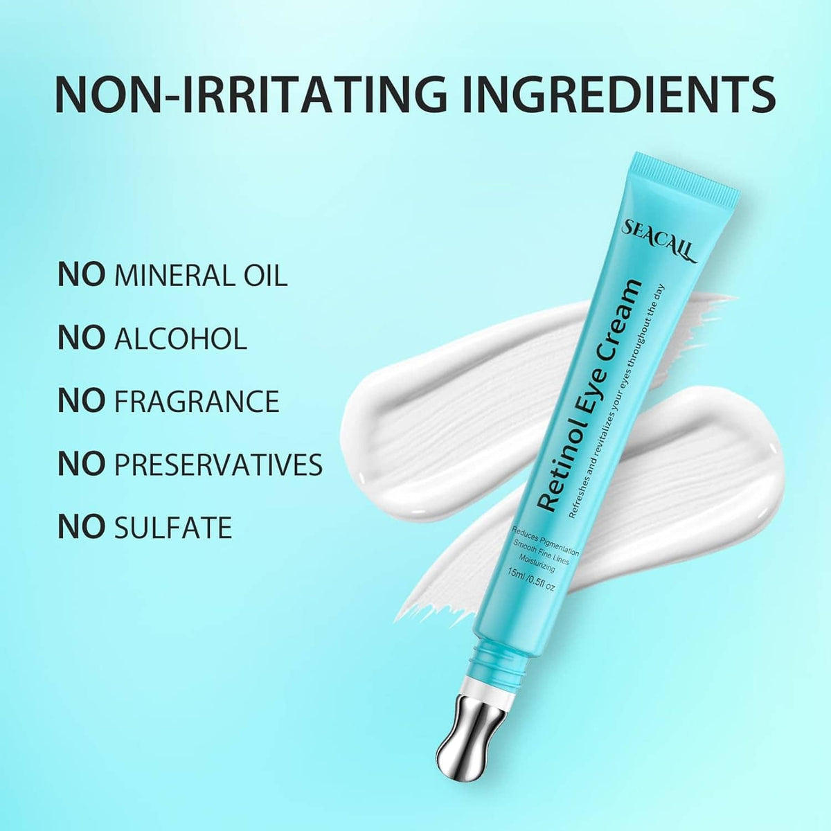 Light blue retinol eye cream tube with nozzle and swirled cream