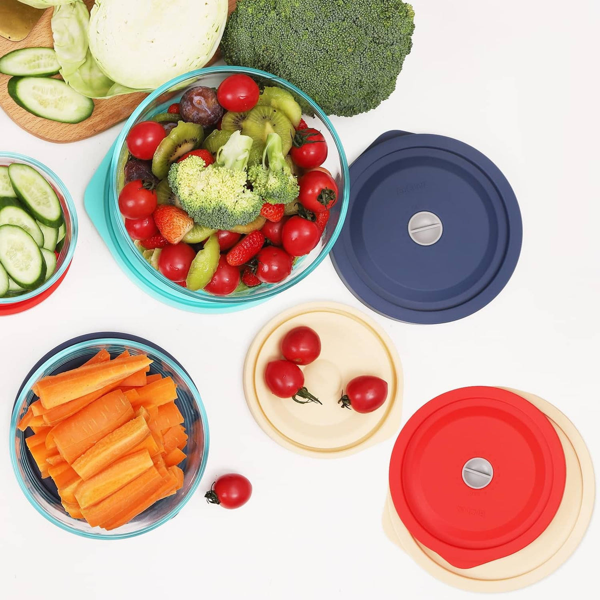 Dark blue round replacement lid with date knob on a glass food bowl