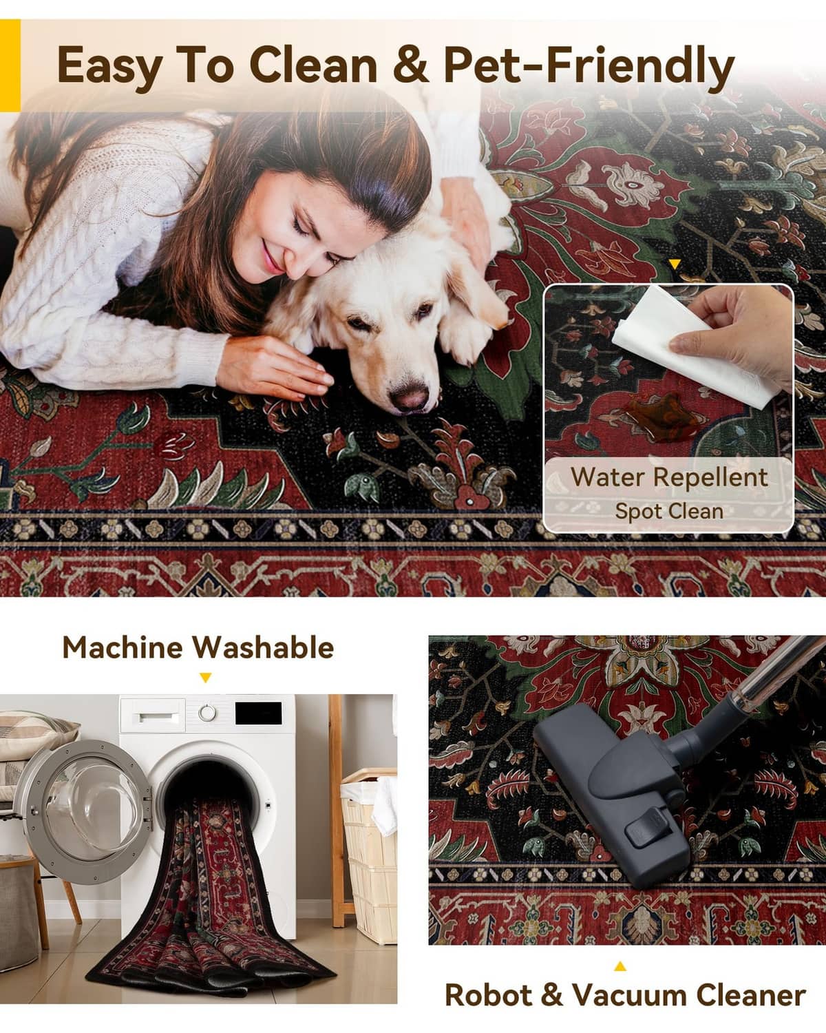 Washable pet-friendly area rug with red, black, and green decorative motif pattern