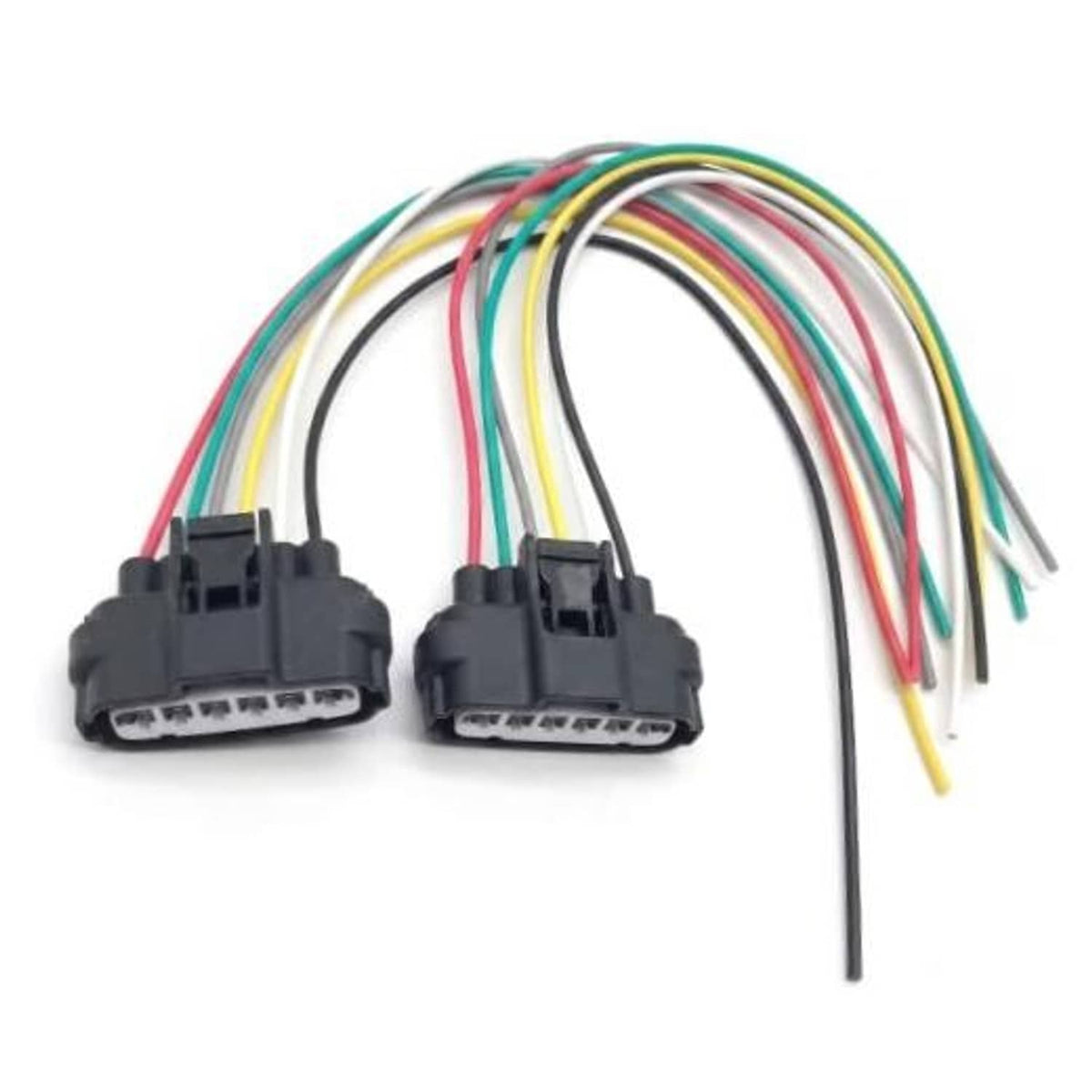 Two 6-pin throttle body wiring pigtails with multicolor wire harness and tabs