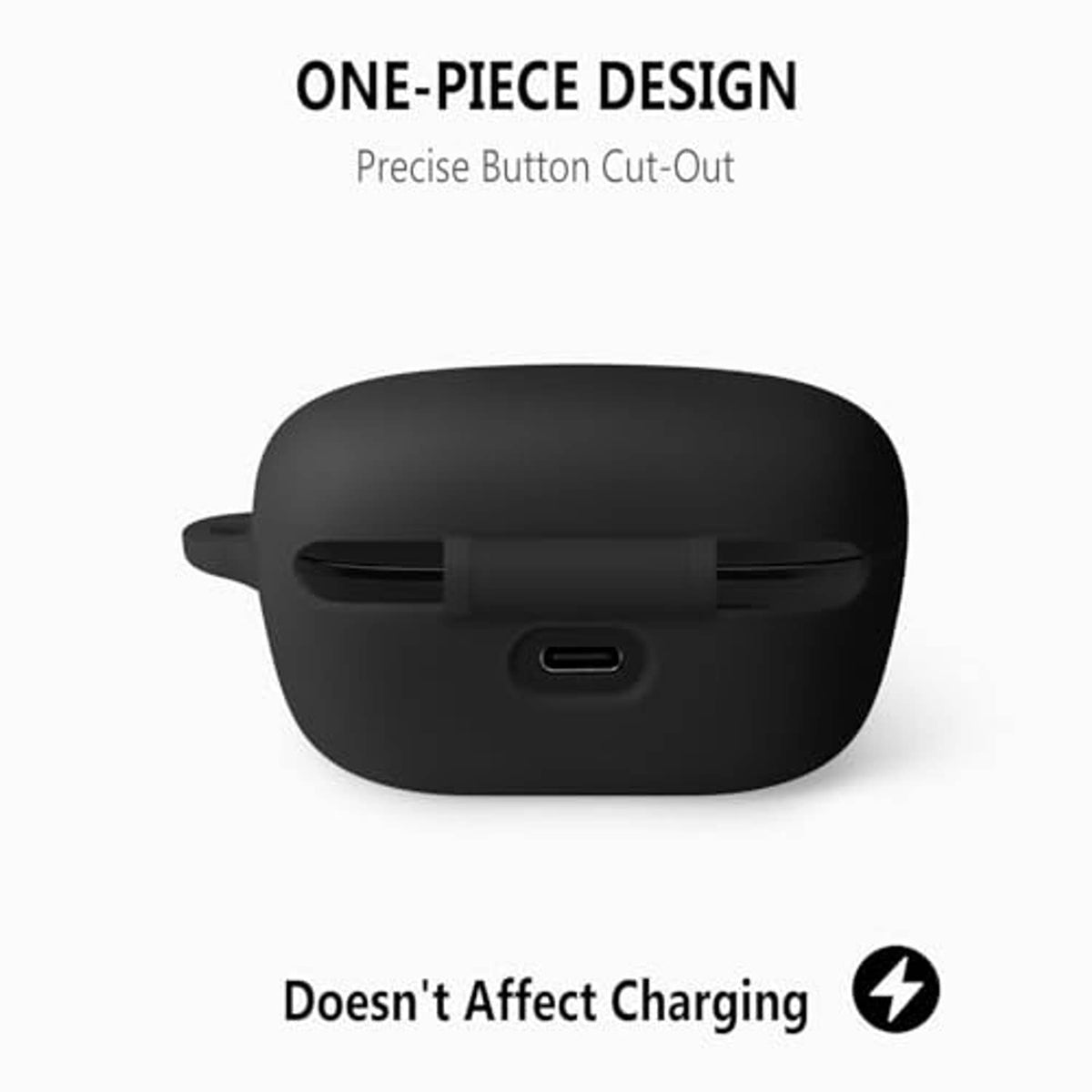 Black silicone earbud case with USB charging port cutout