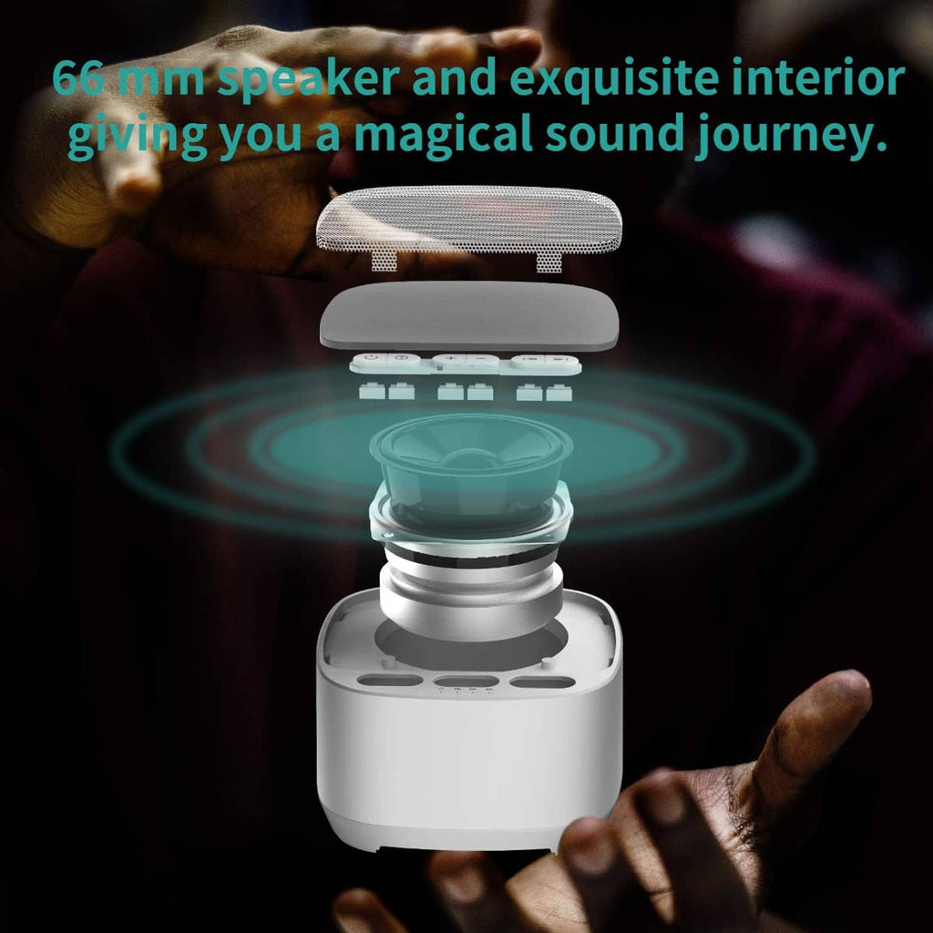 White sound machine with shown internal speaker horn and top mesh grille