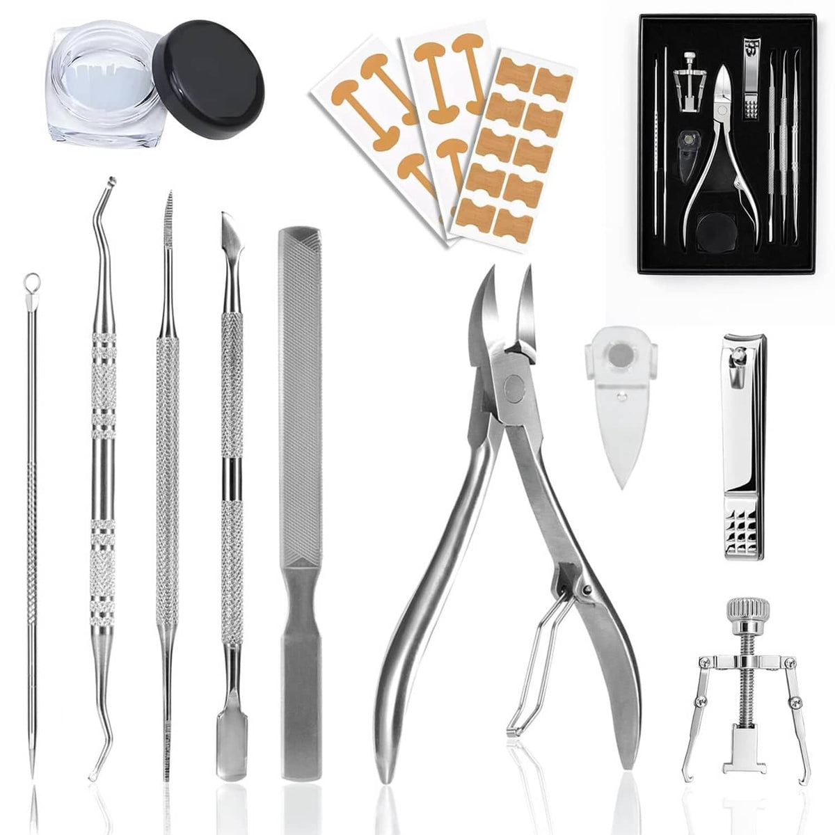 Silver ingrown toenail removal kit with metal tools, clipper, file and adhesive pads