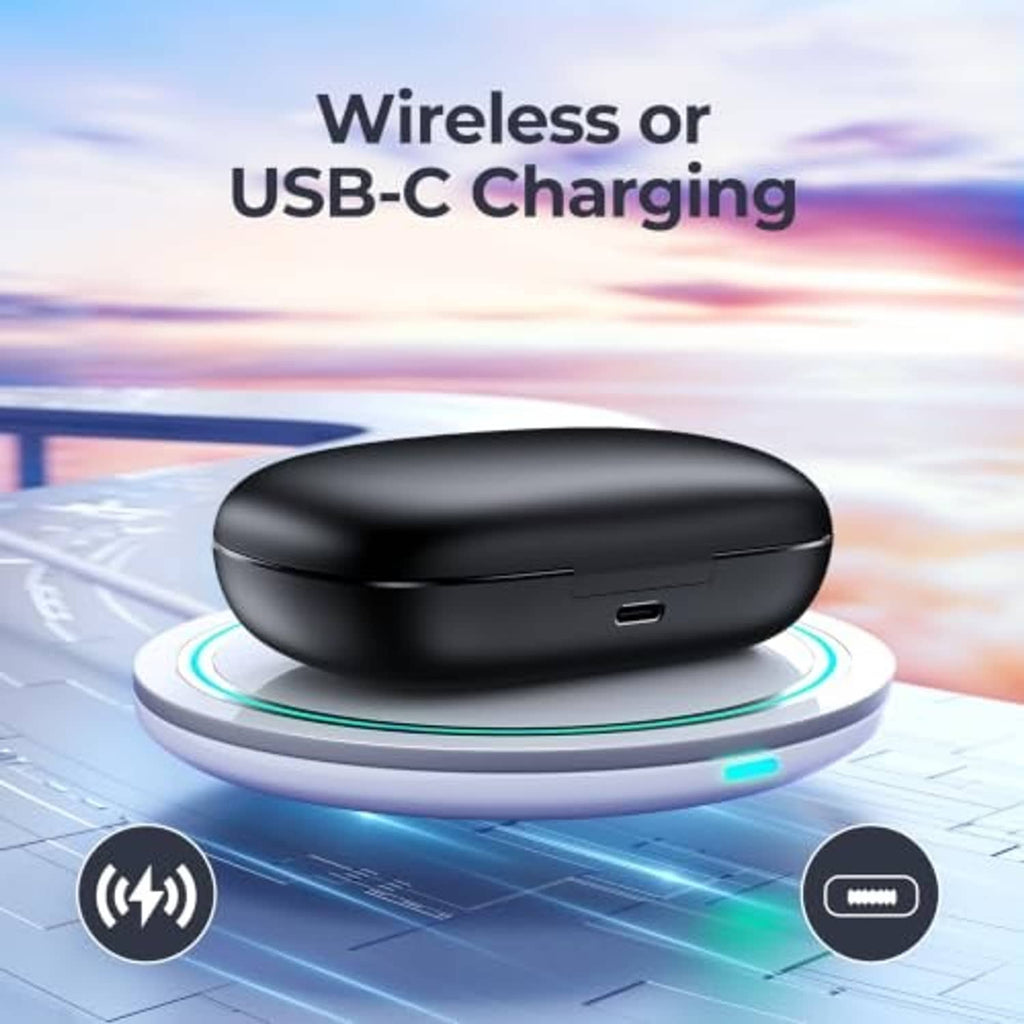 Black charging case with visible USB-C port, resting on a charging pad